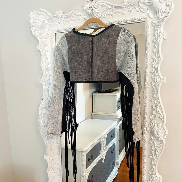 SALE New York Couture Handmade Reworked 80’s Jeans Fringe Cropped Jacket - Picture 4 of 7